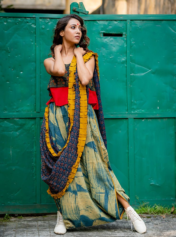 Co-ord set'' :- Ajrakh Dhoti Drape  Set - Prathaa - weaving traditions