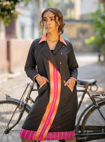 Black Handloom Khesh Ikat Trench Coat Dress-PRATHAA burberry trench coat women